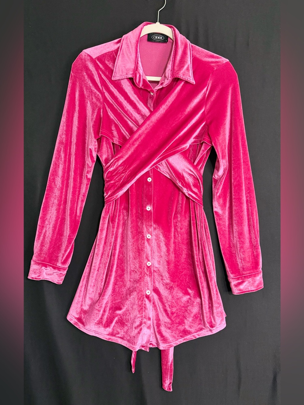 Cider Hot Pink Plush Velvet Wrap Shirt Dress Button Up. Collar. Flirty Girlhood